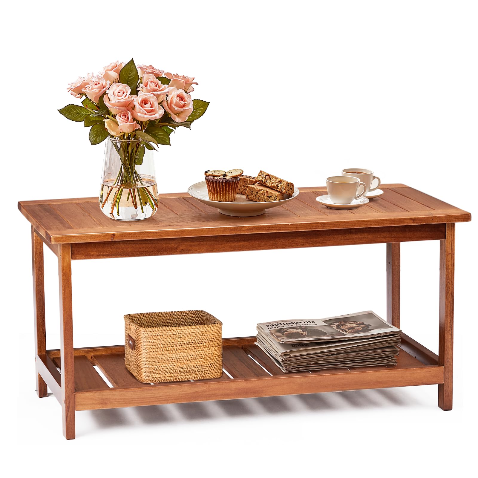 Amazon.com : VINGLI Outdoor Wooden Coffee Table, 2-Tier Storage